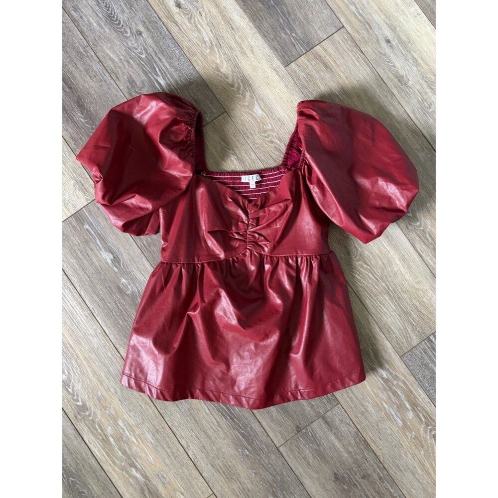 TCEC Red Faux Leather Puff-Sleeve Peplum Top Size Small